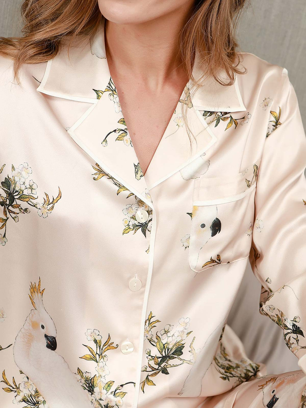 Set Pigiama Donna In Seta Pura Con Stampa Floreale Maniche Lunghe Con Pantaloni