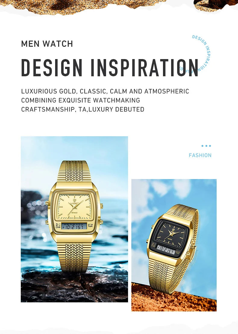 LIEBIG - Montre Numérique à Double Affichage pour Homme, Étanche, en Or