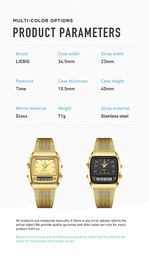 LIEBIG - Montre Numérique à Double Affichage pour Homme, Étanche , en Or  GB